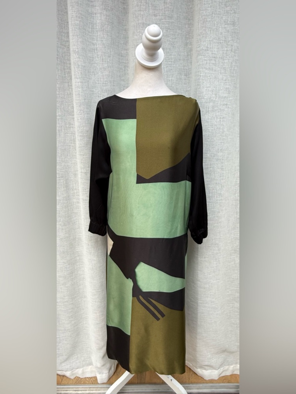 Dries Van Noten color block green black long sleeve shift dress